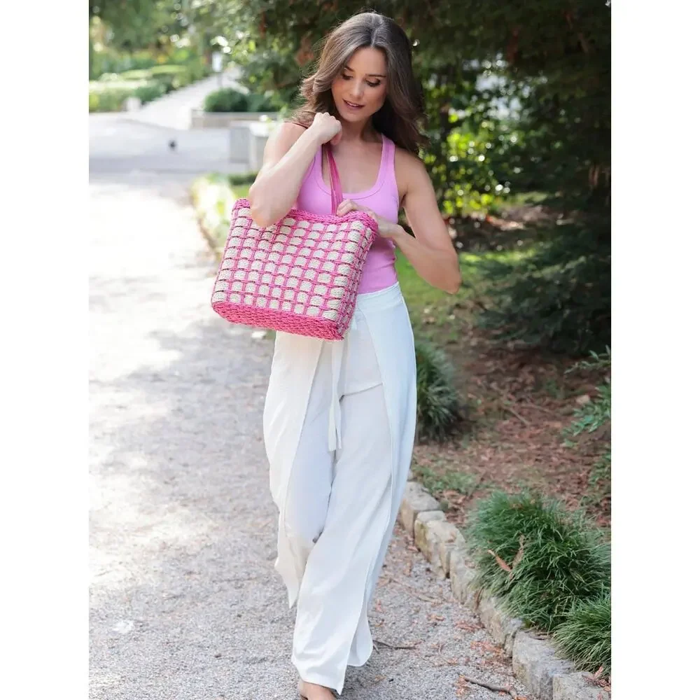 Juanita Pink Woven Straw Tote Bag Drawstring Beach Resort NWT